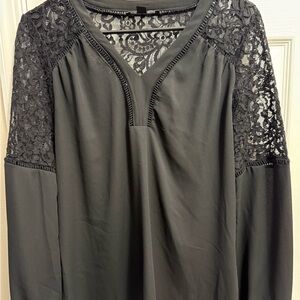 INC International Concepts Black Long Sleeve Lace-Detail V-Neck Top